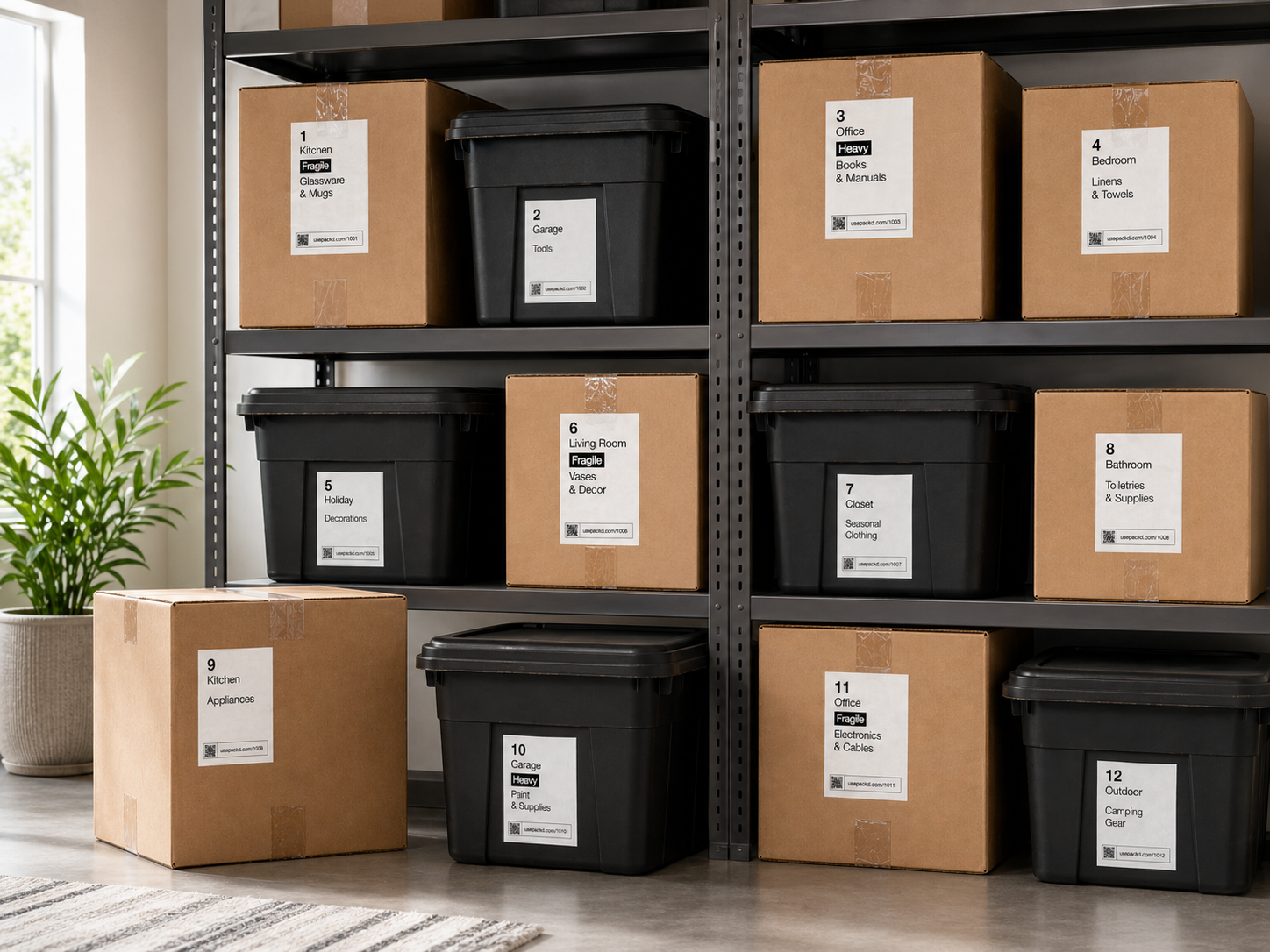Labeled boxes and bins organized on garage-style shelving