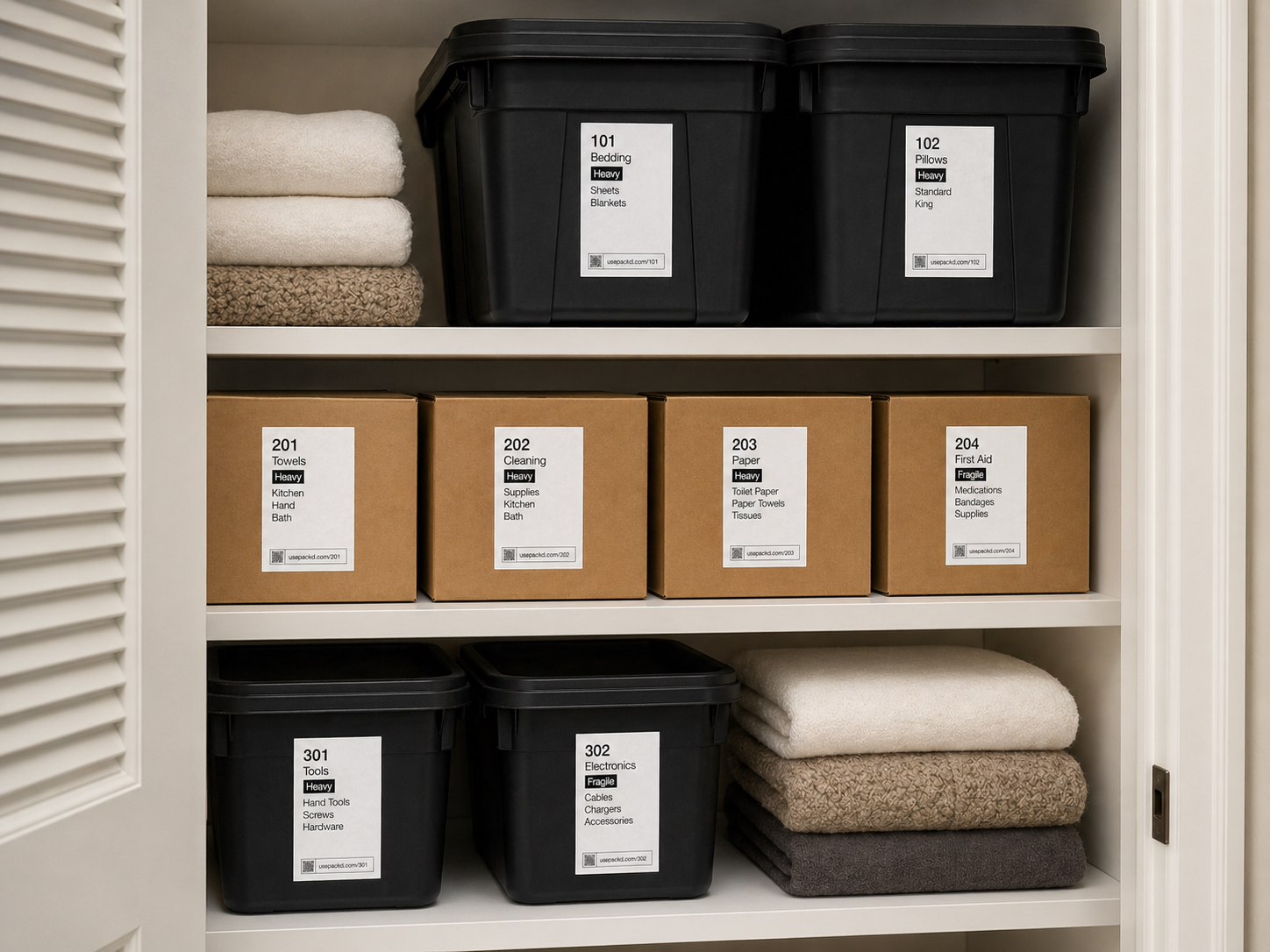 Closet shelves with labeled household storage bins and boxes