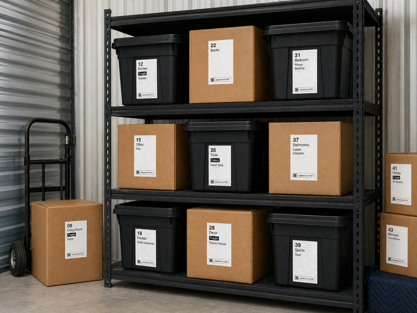 Storage unit shelving with labeled boxes and totes