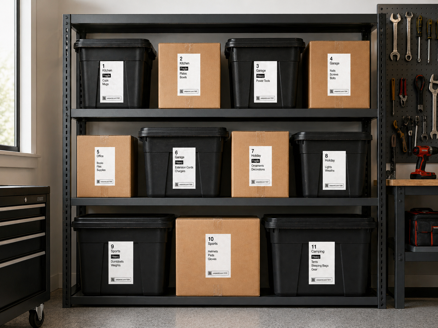 Garage shelving with labeled bins next to tools and equipment