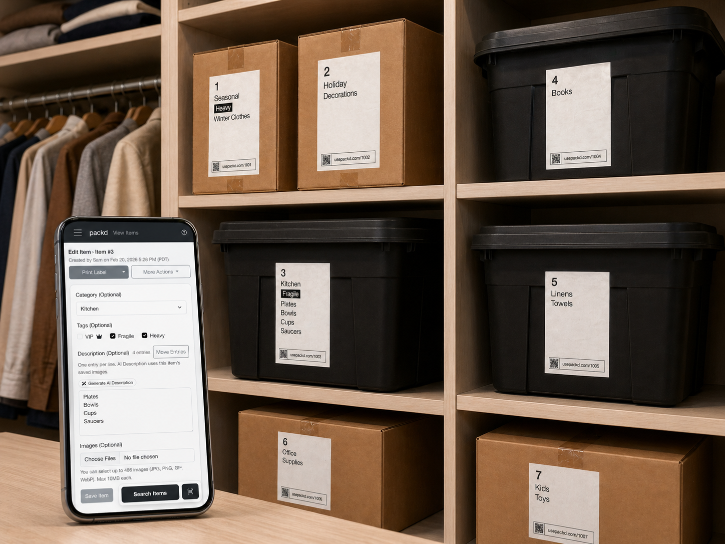 Closet shelving with labeled bins and boxes plus packd open on a phone